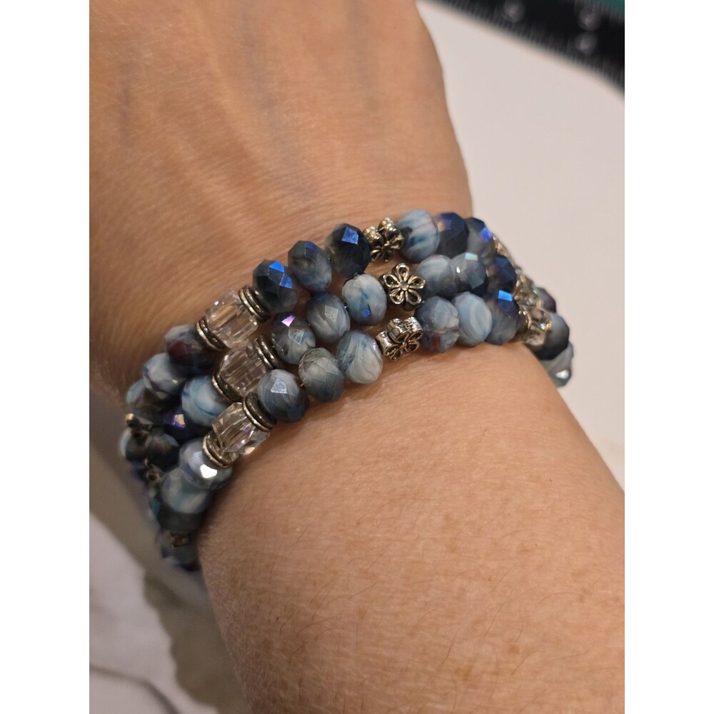 Blue Faceted Beaded Wrap Bracelet Crystal Accent Memory Wire Style #1096